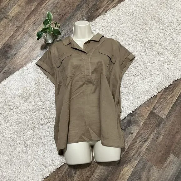 J.Jill Large Petite Brown Cap Sleeve 100% Cotton Pullover Utility Camp Shirt - Picture 2 of 6